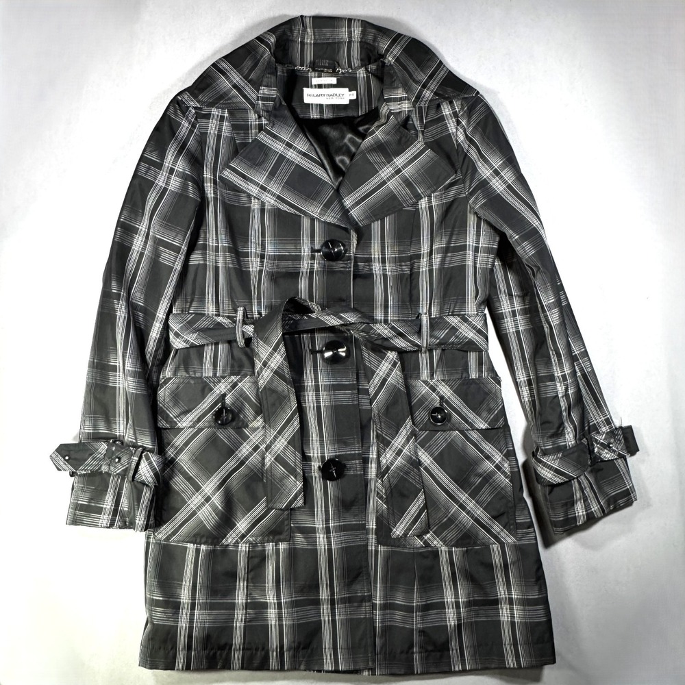 Hilary Radley New York Black White Plaid Trench Coat Belted Jacket Women PS